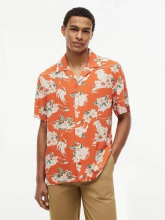 Camp-shirt met bloemenprint van linnenmix, normale pasvorm