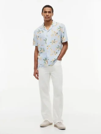 Camp-shirt met bloemenprint van linnenmix, normale pasvorm