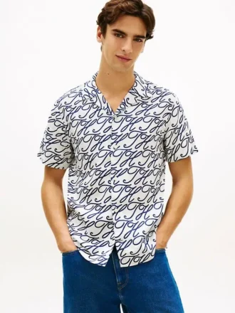 Camp-shirt van linnen met all-over scriptmonogram