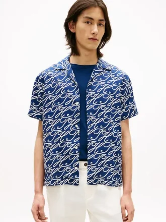 Camp-shirt van linnen met all-over scriptmonogram