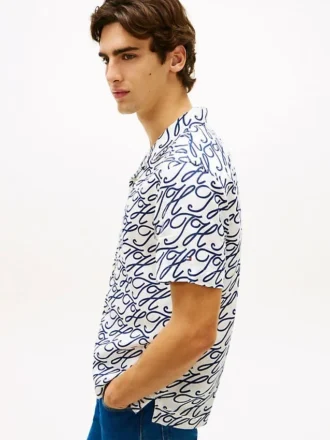 Camp-shirt van linnen met all-over scriptmonogram