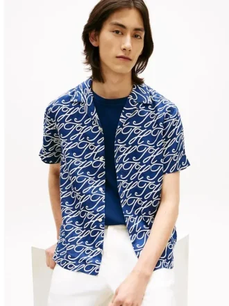 Camp-shirt van linnen met all-over scriptmonogram