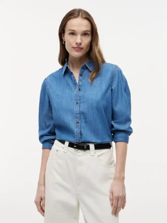 Chambray-overhemd met pofmouwen