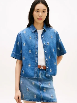 Denim shirt met all-over logo in relaxte pasvorm Denim shirt met all-over logo in relaxte pasvorm