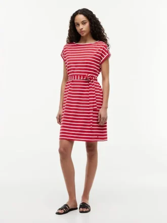 Gestreepte stretch-katoenen jurk met riem Gestreepte stretch-katoenen jurk met riem