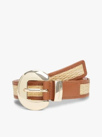 Leren en raffia riem met ronde gesp