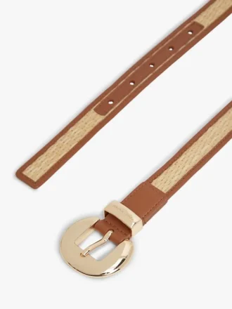 Leren en raffia riem met ronde gesp