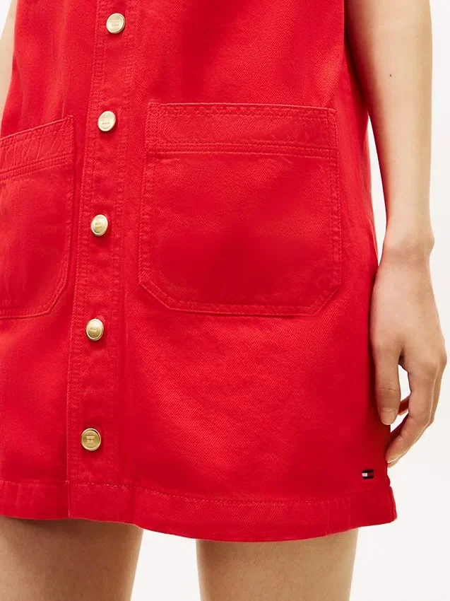 Mini-shiftjurk van denim met opgestikte zakken Mini-shiftjurk van denim met opgestikte zakken