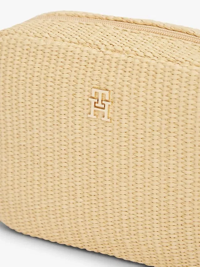 Raffia-schoudertas met monogramlogo Raffia-schoudertas met monogramlogo