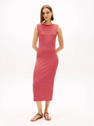 Slim Fit gestreepte midi-jurk met boothals