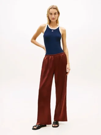 Stretch satijnen broek met wijde pijpen en elastische tailleband