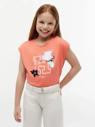 T-shirt met bloemenlogo en flip-pailletten voor kinderen