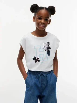 T-shirt met bloemenlogo en flip-pailletten voor kinderen T-shirt met bloemenlogo en flip-pailletten voor kinderen