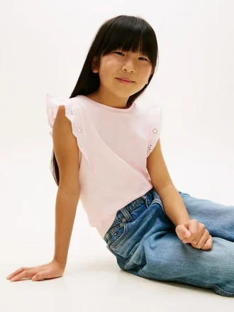 T-shirt met geborduurde oogjes en fladderende mouwen voor kinderen