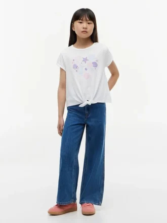 T-shirt voor kinderen met schelpenmotief en strik aan de voorkant