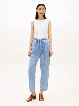 Tapered gingham seersucker broek met riem Tapered gingham seersucker broek met riem