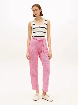 Tapered gingham seersucker broek met riem Tapered gingham seersucker broek met riem