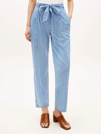 Tapered gingham seersucker broek met riem Tapered gingham seersucker broek met riem